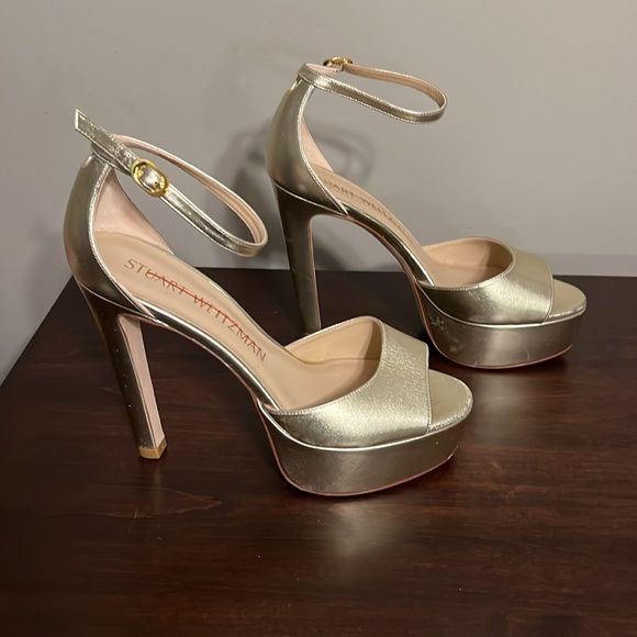 Stuart Weitzman Discoplatform Nudistcurve Metallic Leather Sandals Size 9.5 - Picture 7 of 9